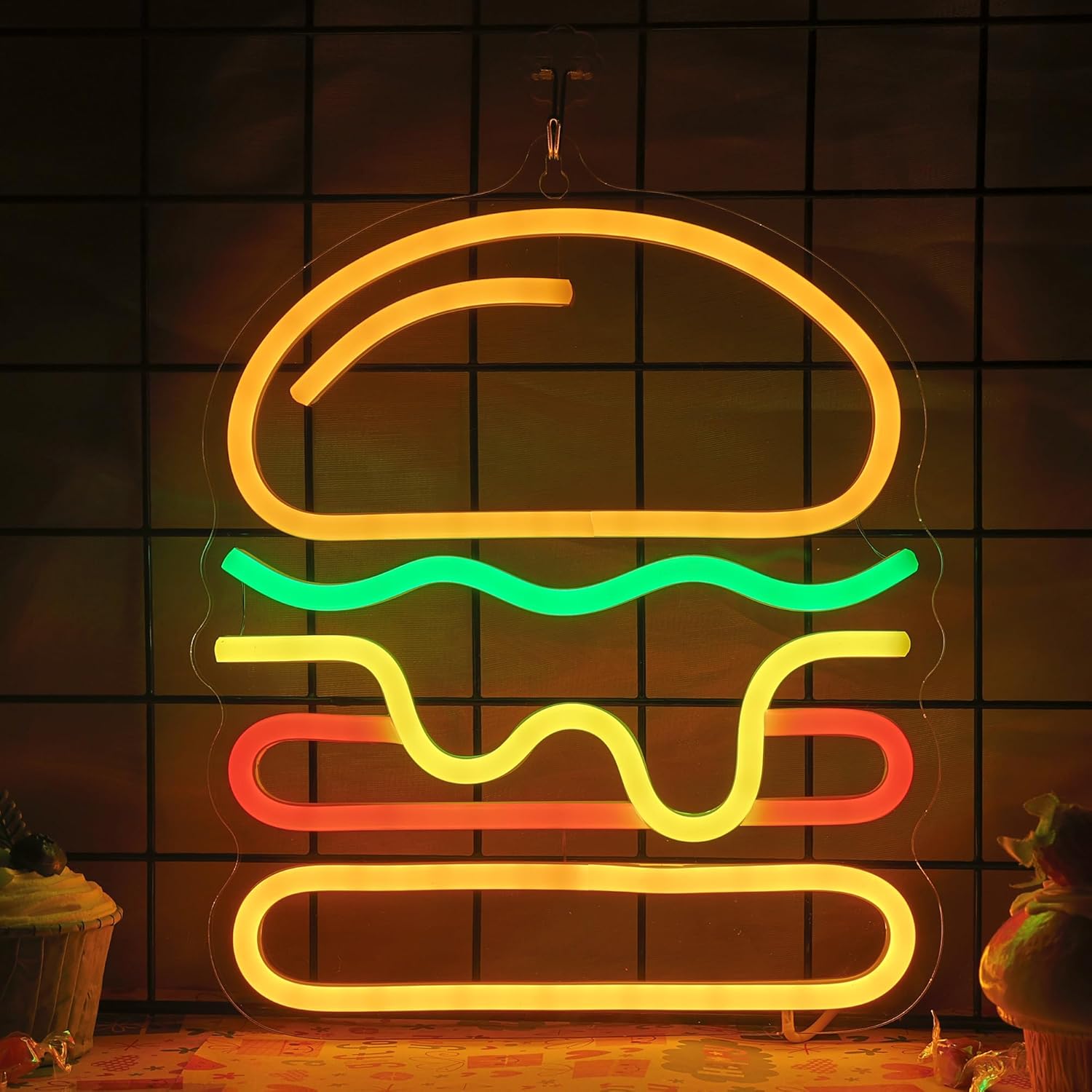 층층이 쌓인 치즈 LED 조명이 있는 버거 네온사인,  - Commercial Kitchen Walls 리뷰 및 가격